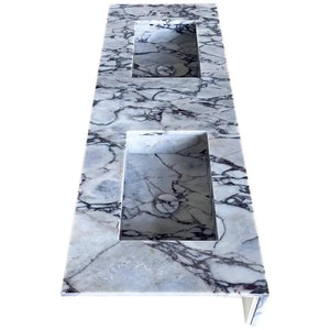 Calacatta Viola marble bathroom double sink vanity by Villohome, 67in long, 22in wide with two rectangular basins.