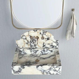 Calacatta Viola marble wall-mount bathroom sink with backsplash by Villohome, white with gray veining