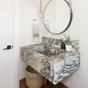 Calacatta Viola marble wall-mount rectangular vessel sink with 8-inch backsplash, 21x34x10 in
