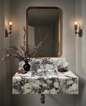 Calacatta Viola marble wall-mount vanity sink with fluted front; white with gray veining, Villohome