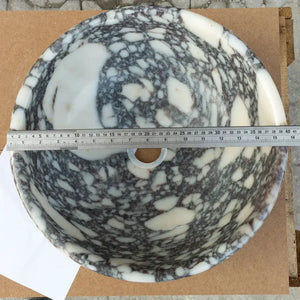 Calacatta Viola marble round bathroom sink, Villohome above-vanity vessel, 16-inch diameter, white/gray veining