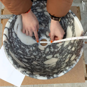 Calacatta Viola marble bathroom sink by Villohome, circular above-vanity vessel, polished finish, 16in diameter