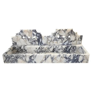 Calacatta Viola marble wall-mount bathroom sink with backsplash; white and gray veining, 55 in long by 20 in wide.