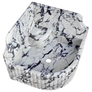 Villohome Calacatta Viola marble wall-mount corner sink with fluted sides and 8-inch backsplash.