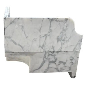 Calacatta Viola marble wall-mount corner sink with 8-inch backsplash, fluted design.