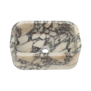 Calacatta Viola marble rectangular wall-mount bathroom sink; white with gray veining.