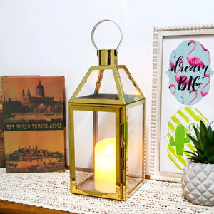 16-inch gold stainless-steel decorative candle lantern with glass panels and loop handle by JHY DESIGN