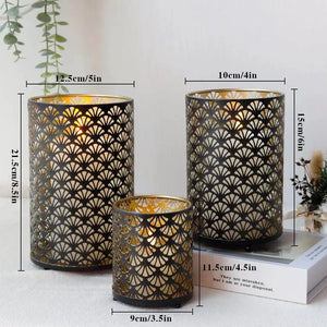 JHY DESIGN metal hurricane lanterns set of 3, black outer with gold interior glow
