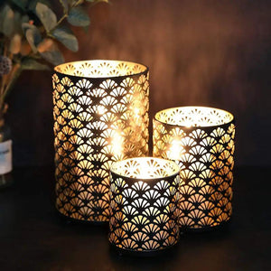 Metal hurricane holder set of 3 decorative candle lanterns, black with gold perforated fan pattern.