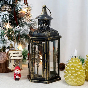 Decorative candle lantern, 10-inch, black distressed metal with glass panels, lit interior