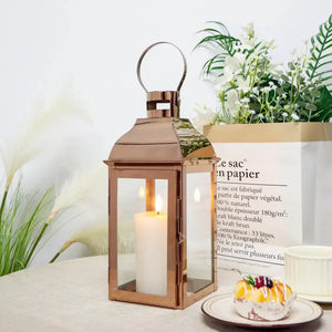 Copper 12.5” high decorative candle lantern by JHY DESIGN with glass panels