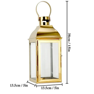 12.5-inch high decorative lanterns by JHY DESIGN; gold metal frame with glass panels and a hanging top handle.
