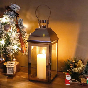 12.5in high decorative lantern by JHY DESIGN with glass panels, metal frame, candle inside