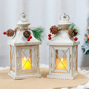 Set of 2 11in high vintage-inspired distressed white metal decorative candle lanterns