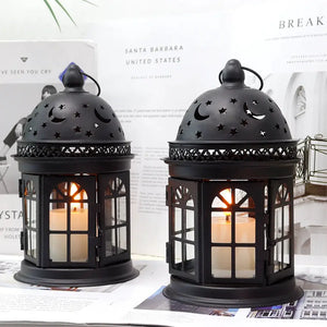 8.5-inch decorative candle lanterns set of 2 by JHY DESIGN, black metal with star and crescent cutouts
