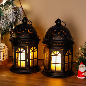 8.5 inch high decorative lanterns set of 2, black metal with star and moon cutouts, candle glow