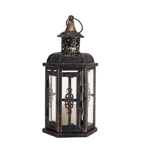 10-inch high decorative candle lantern, black distressed metal with glass panels by JHY DESIGN.