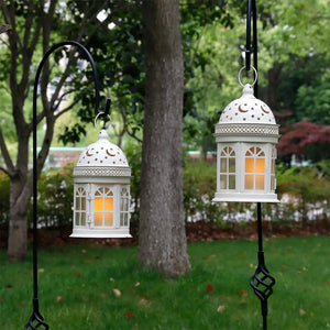 8.5 inch high decorative lanterns, JHY DESIGN set of 2, white metal with moon and star cutouts.