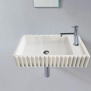 Carrara White Marble wall-mount bathroom sink by Villohome, fluted exterior, 12x20 inches
