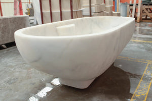 Bianco Carrara white marble bathtub, hand-carved from solid block, 30W x 70L x 20H in, oval freestanding tub