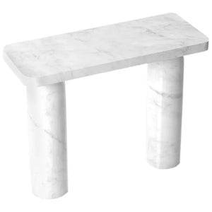 Carrara white marble console table with polished finish and round legs