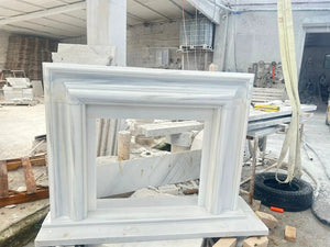 Carrara white marble hand-carved fireplace mantel by Villohome, polished; 14 in W x 67 in L x 69 in H