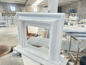 Carrara white marble hand-carved fireplace mantel in polished finish, by Villohome