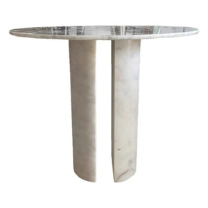 Carrara white marble end/side table with two marble legs, polished round top, 18 in diameter, 22 in high