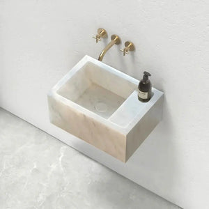 Carrara White Marble wall-mount bathroom sink by Villohome with brass faucet and soap dispenser.