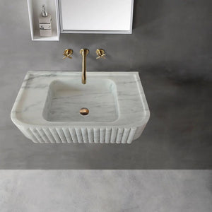 Villohome Carrara white marble wall-mounted bathroom vanity sink with fluted basin and gold faucet