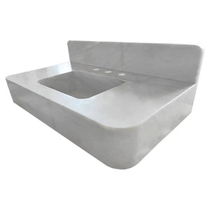 Carrara white marble wall-mount bathroom sink with backsplash by Villohome, 36in long, three faucet holes.