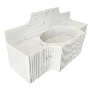 Carrara white marble wall-mount bathroom sink by Villohome with 10-inch backsplash; 18 in W x 48 in L x 10 in H