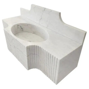 Carrara White Marble wall-mount bathroom sink by Villohome with 10in backsplash and ribbed curved front