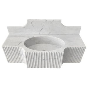 Carrara white marble wall-mount bathroom sink with circular basin and 10-inch backsplash by Villohome