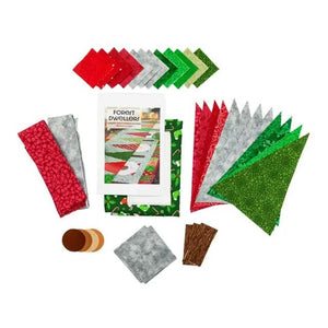 Quilt kit for Christmas Gnomes table runner by Block Party Quilt Co; precut fabrics in red, green, grey.