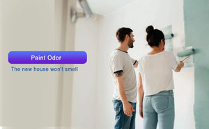 Portable ozone generator air purifier; two people paint a wall with a purple Paint Odor badge.