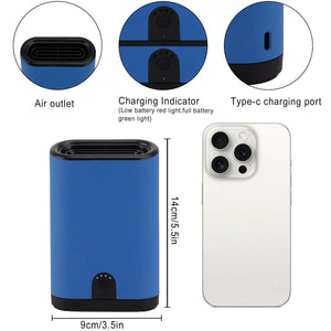 Portable ozone generator air purifier, blue cylindrical JHY DESIGN unit with air outlet; smartphone included.