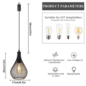 Set of 2 hanging lamps battery operated, teardrop-shaped cage shade in black, by JHY DESIGN.