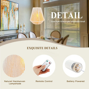 8-in woven hemp rope battery-powered hanging lamp with remote control, natural rope, JHY DESIGN