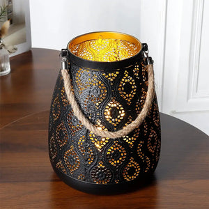 8''H Moroccan metal lamp, black with gold interior, cutout pattern, rope handle, battery-operated lantern by JHY DESIGN