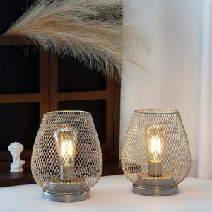 Set of 2 silver metal cage LED lanterns with warm Edison bulbs, battery-operated for indoor decor