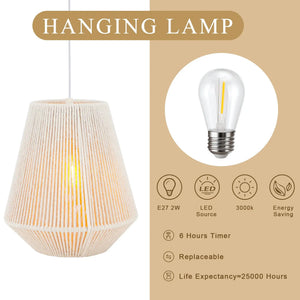 8-inch woven hemp rope hanging lamp with natural beige shade and battery-powered LED bulb for home use