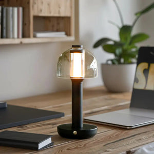 10-inch H Table Lamp JHY DESIGN with glass shade, black base, 3-color battery-operated dimmable light
