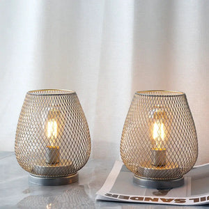 Set of 2 silver metal cage LED lanterns by JHY DESIGN, battery-operated warm bulbs.