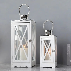 Set of 2 white rectangular farmhouse wood lanterns, 17.5 and 24.5 inches, by JHY DESIGN.