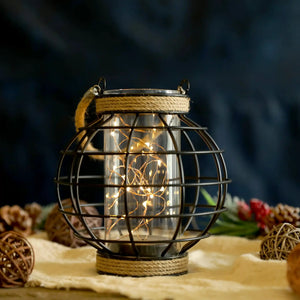 JHY DESIGN 7.3in tall hemp rope cage table lamp with warm fairy lights, battery powered