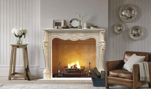 Crema Marfil marble fireplace surround by Villohome, French Villa style, hand-carved, 12W x 48L x 39.5H
