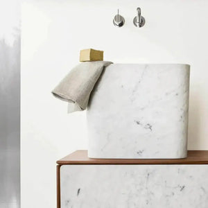 Marble bucket-design rectangular above-counter sink, white with gray veining, polished finish.