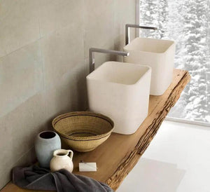 Marble bucket design rectangular above-counter sinks, polished white marble; Villohome pair on wood counter