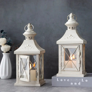 Set of 2 11in high decorative candle lanterns, vintage-inspired white metal with glass panels